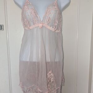 Frederick's of Hollywood Sheer Lace Babydoll Chemise in Pale Pink